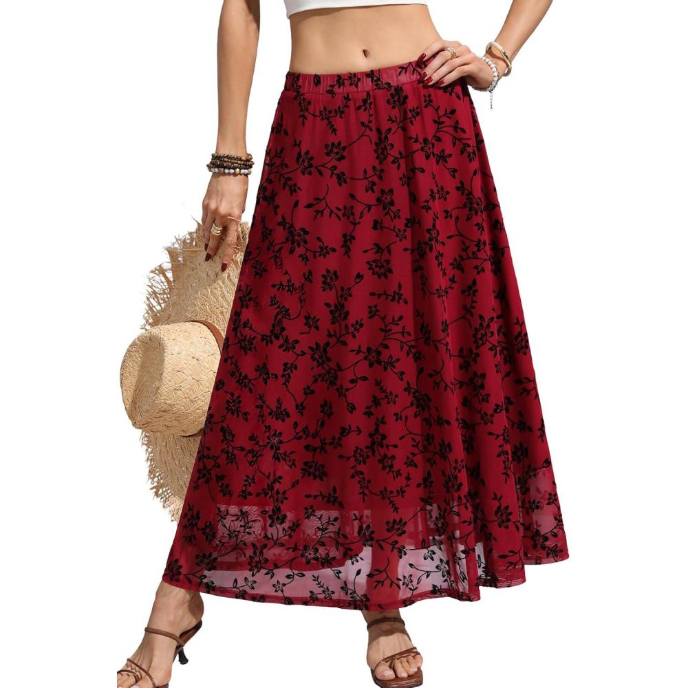 image:imageELLEVEN Womens Floral Mesh Maxi SkirtFlowy RuffleBoho Elastic High Waisted Elegant Long Skirts for WomenBurgundy