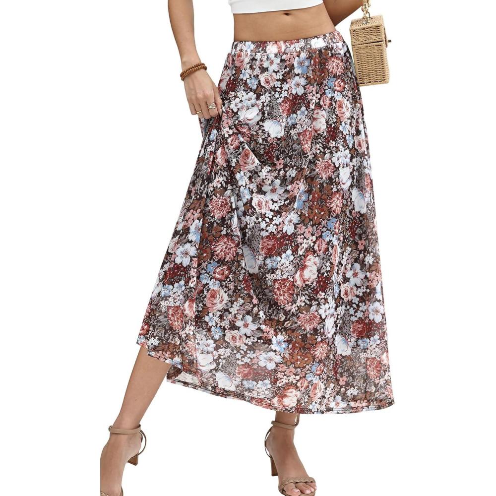 image:imageELLEVEN Womens Floral Mesh Maxi SkirtFlowy RuffleBoho Elastic High Waisted Elegant Long Skirts for WomenCoffee Floral