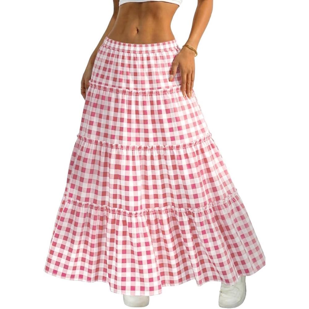 image:imageELLEVEN Womens Gingham Tiered Boho Maxi Skirt  ALine Elastic Waist Flowy Plaid Skirt for Summer Vacation OutfitsLight Pink Plaid