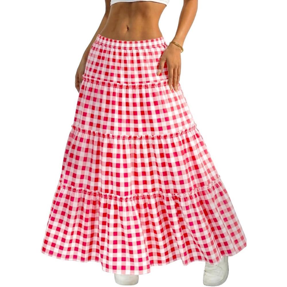 image:imageELLEVEN Womens Gingham Tiered Boho Maxi Skirt  ALine Elastic Waist Flowy Plaid Skirt for Summer Vacation OutfitsRed Plaid