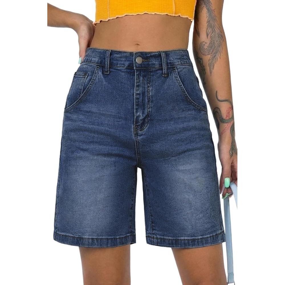 image:imageELLEVEN Womens Jean Bermuda Shorts Baggy Jorts HighWaisted KneeLength Denim Shorts with PocketsDark Blue Denim