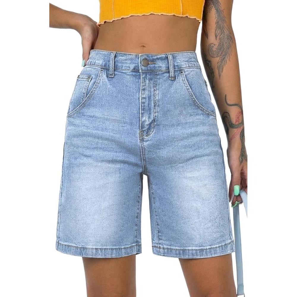 image:imageELLEVEN Womens Jean Bermuda Shorts Baggy Jorts HighWaisted KneeLength Denim Shorts with PocketsLight Blue Denim