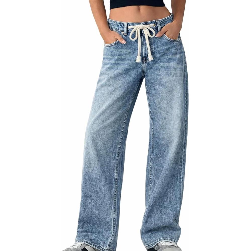 image:imageELLEVEN Womens Low Rise Baggy Jeans Casual Drawstring Wide Leg Denim Pants with PocketsDenim Blue