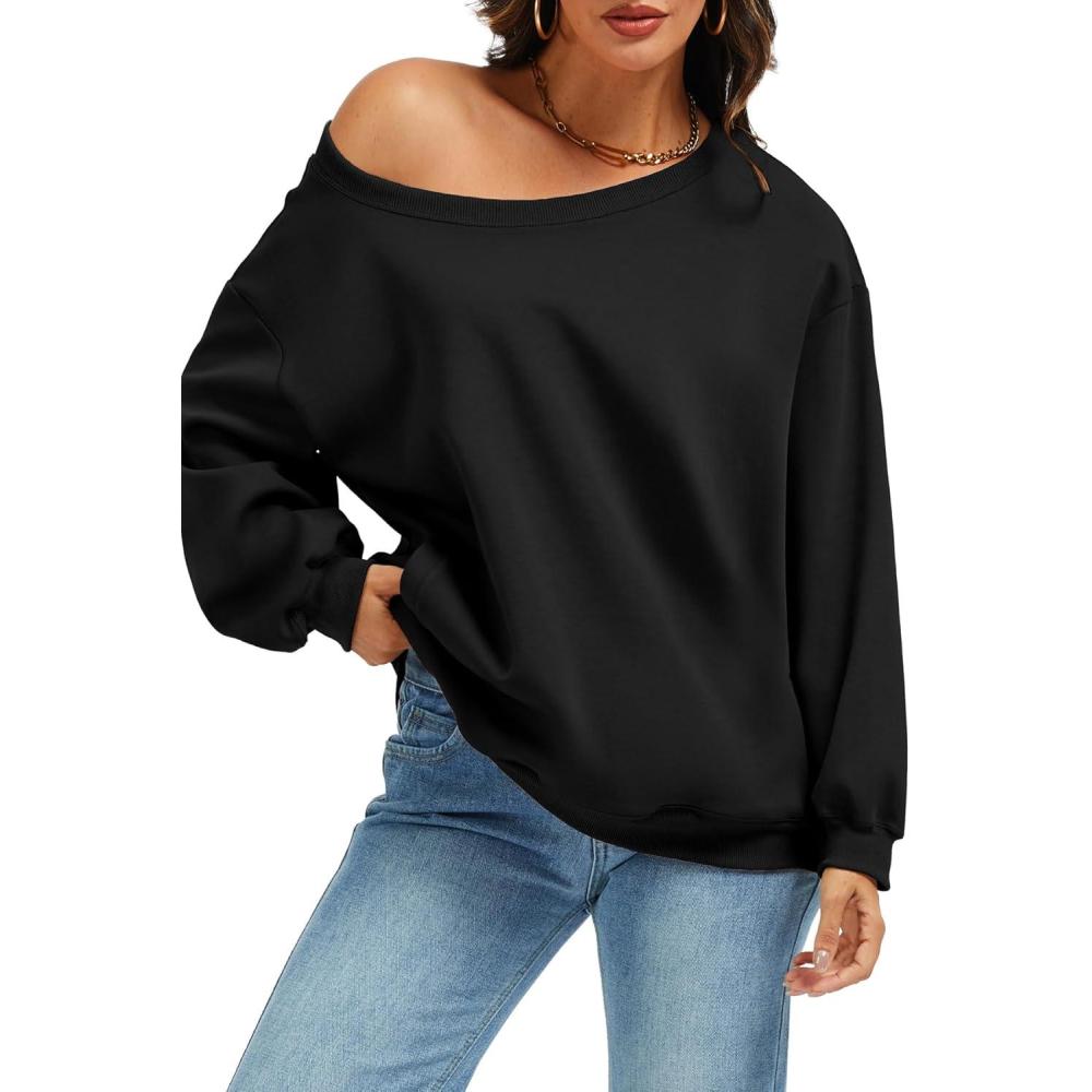 image:imageELLEVEN Womens Off Shoulder Sweatshirt Casual Long Sleeve Pullover Tops with PocketsBlack