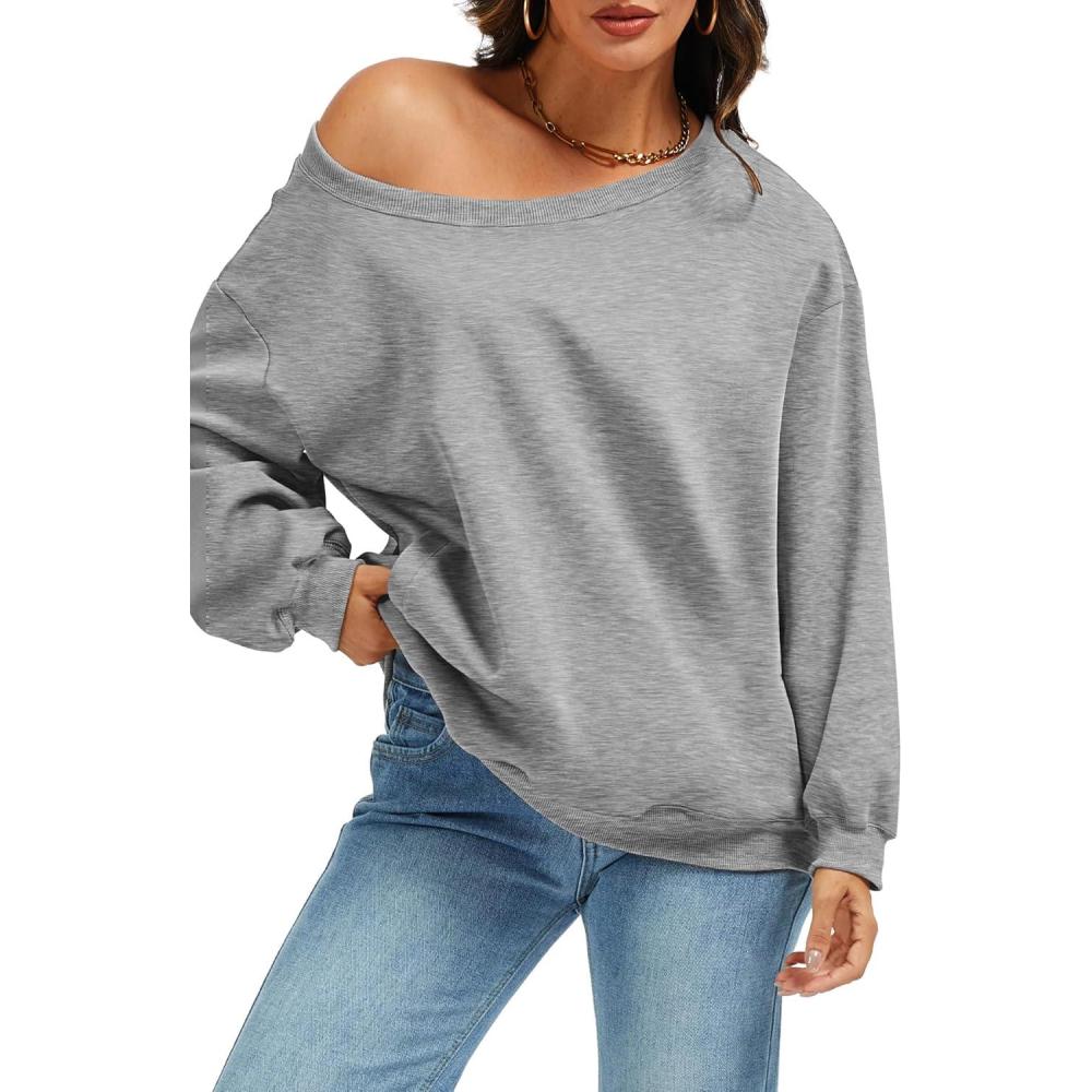 image:imageELLEVEN Womens Off Shoulder Sweatshirt Casual Long Sleeve Pullover Tops with PocketsGrey
