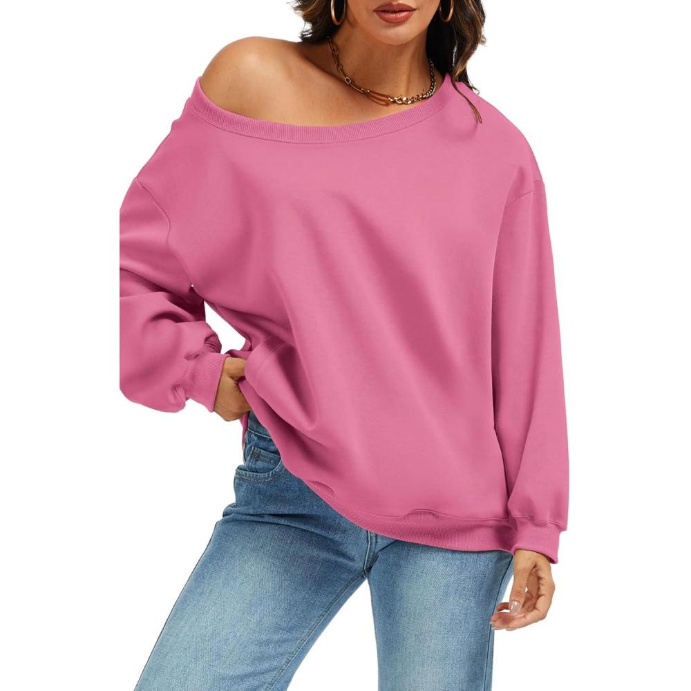 image:imageELLEVEN Womens Off Shoulder Sweatshirt Casual Long Sleeve Pullover Tops with PocketsPink