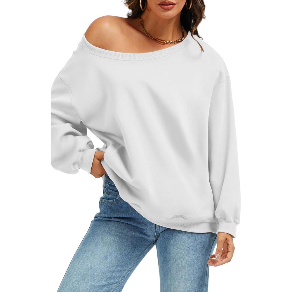 image:imageELLEVEN Womens Off Shoulder Sweatshirt Casual Long Sleeve Pullover Tops with PocketsWhite