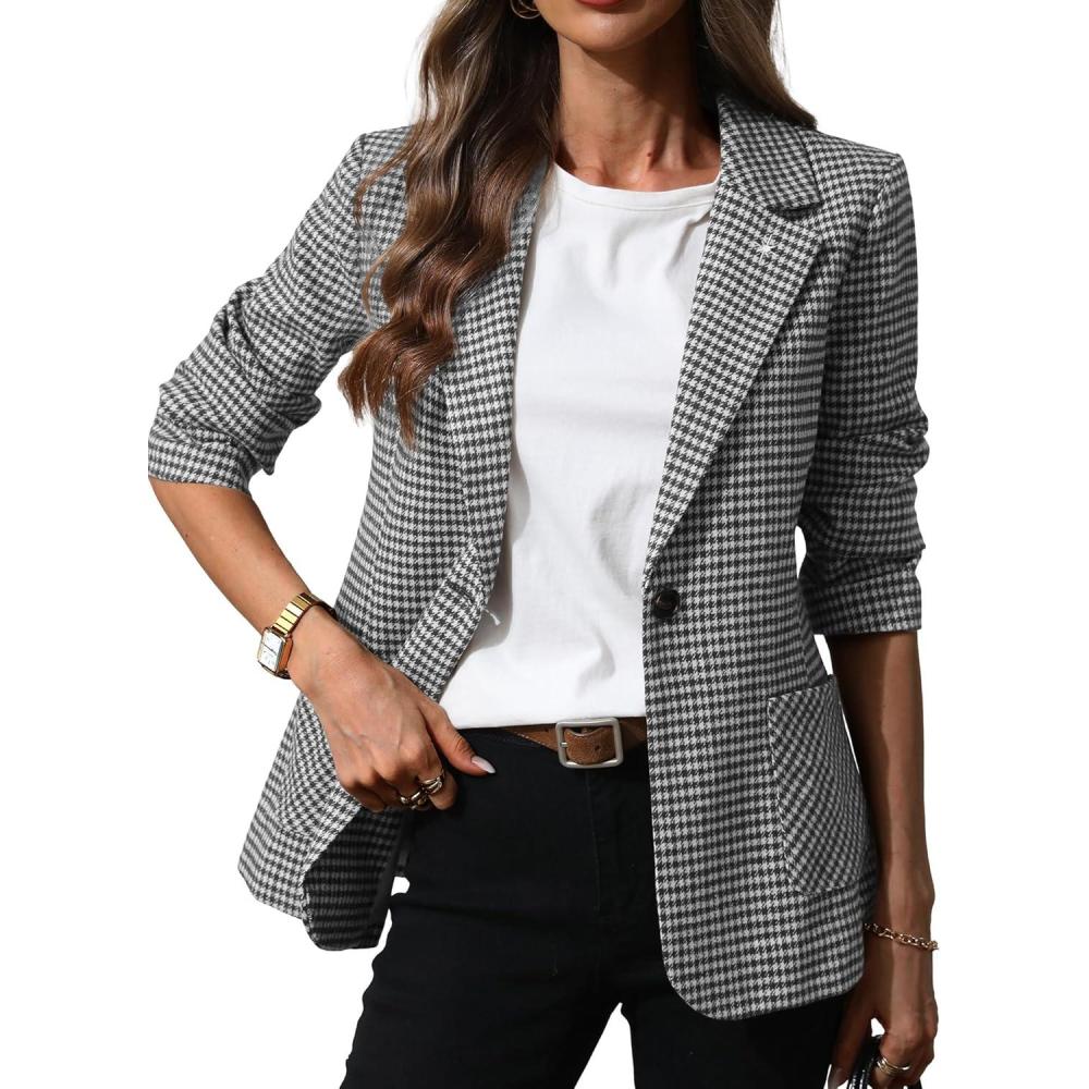 image:imageELLEVEN Womens Plaid Blazers with Embroidered Collar Houndstooth Business Casual Work Office Jacket with PocketsBlack Houndstooth