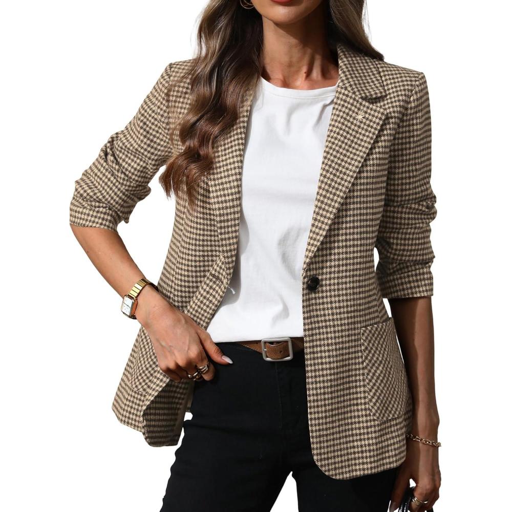 image:imageELLEVEN Womens Plaid Blazers with Embroidered Collar Houndstooth Business Casual Work Office Jacket with PocketsBrown Houndstooth