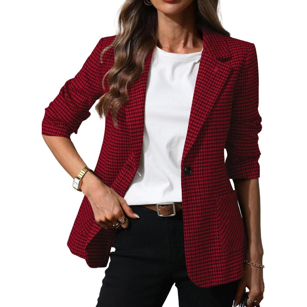 image:imageELLEVEN Womens Plaid Blazers with Embroidered Collar Houndstooth Business Casual Work Office Jacket with PocketsRed Houndstooth