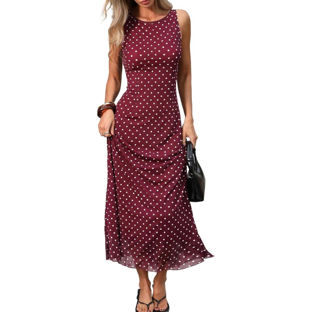 image:imageELLEVEN Womens Polka Dot Maxi Tank Dress Sleeveless Boat Neck Bodycon Slim Fit Elegant Long DressBurgundy