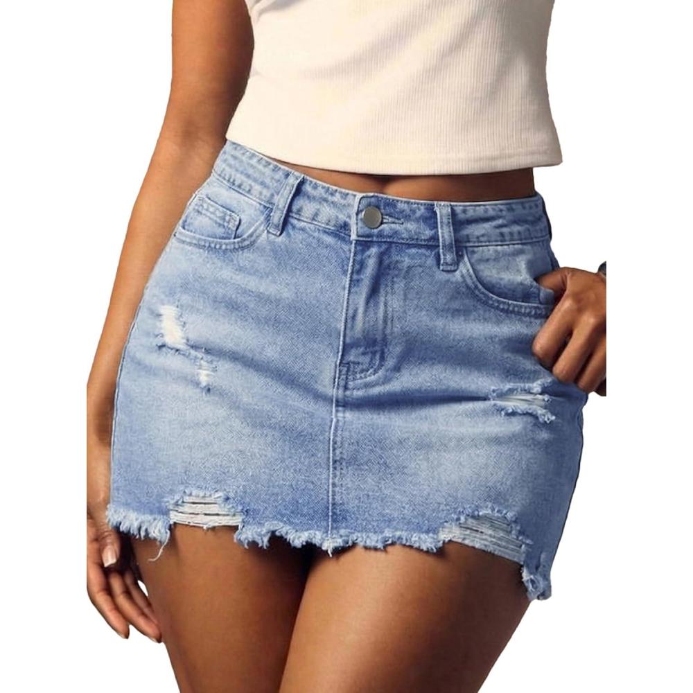 image:imageELLEVEN Womens Ripped Denim Mini Skirt Y2K Frayed Raw Hem Bodycon Jean SkirtBlue Denim