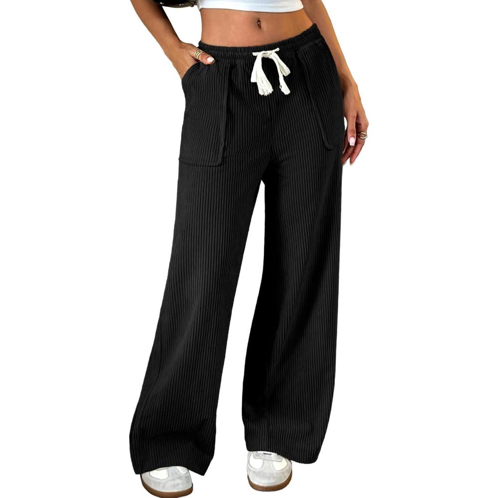 image:imageELLEVEN Womens Straight Leg Corduroy Pants Elastic High Waisted with Drawstring amp Pockets Casual Fall TrousersBlack