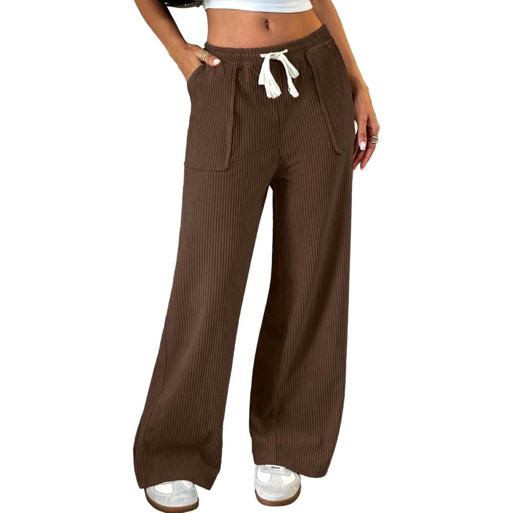 image:imageELLEVEN Womens Straight Leg Corduroy Pants Elastic High Waisted with Drawstring amp Pockets Casual Fall TrousersBrown