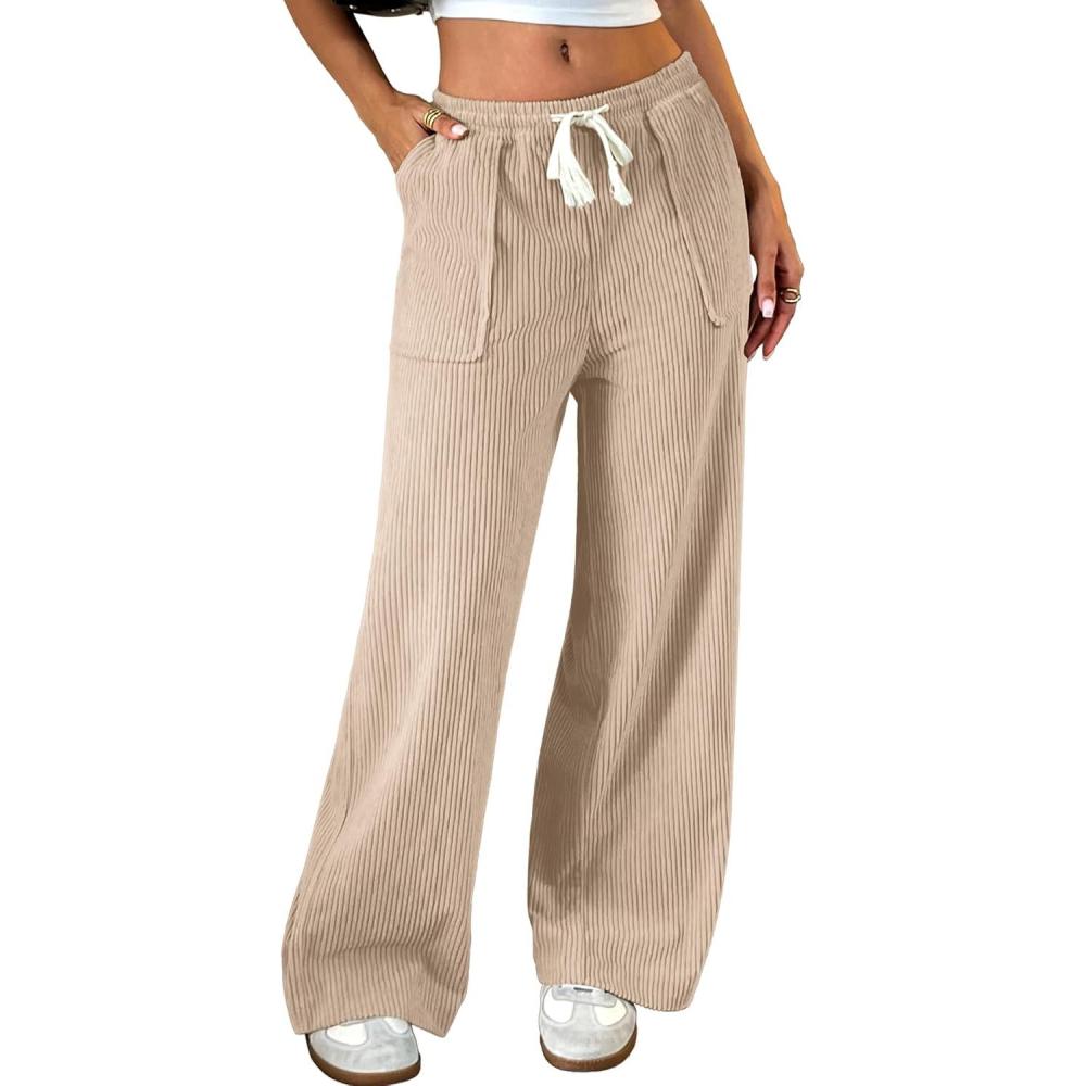 image:imageELLEVEN Womens Straight Leg Corduroy Pants Elastic High Waisted with Drawstring amp Pockets Casual Fall TrousersKhaki