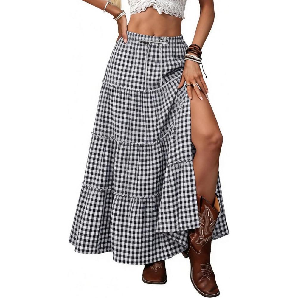 image:imageELLEVEN Womens Summer Slit Tiered Maxi Skirt Boho ALine Elastic Waist Long Skirts with PocketsBlack Plaid