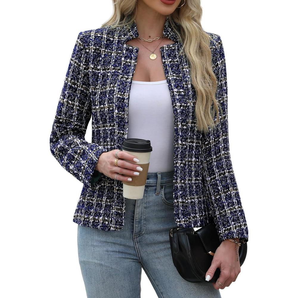 image:imageELLEVEN Womens Tweed Open Front Blazer Long Sleeve Jacket Notch Collar Fully Lined Casual Business Work Office CoatNavy Blue