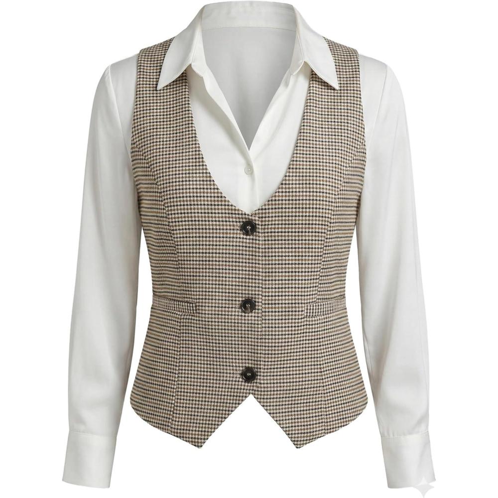 image:imageELLEVEN Womens UNeck Plaid Vest  Slimming Fitted Sleeveless Top with Lining for Work OfficeBrown Plaid