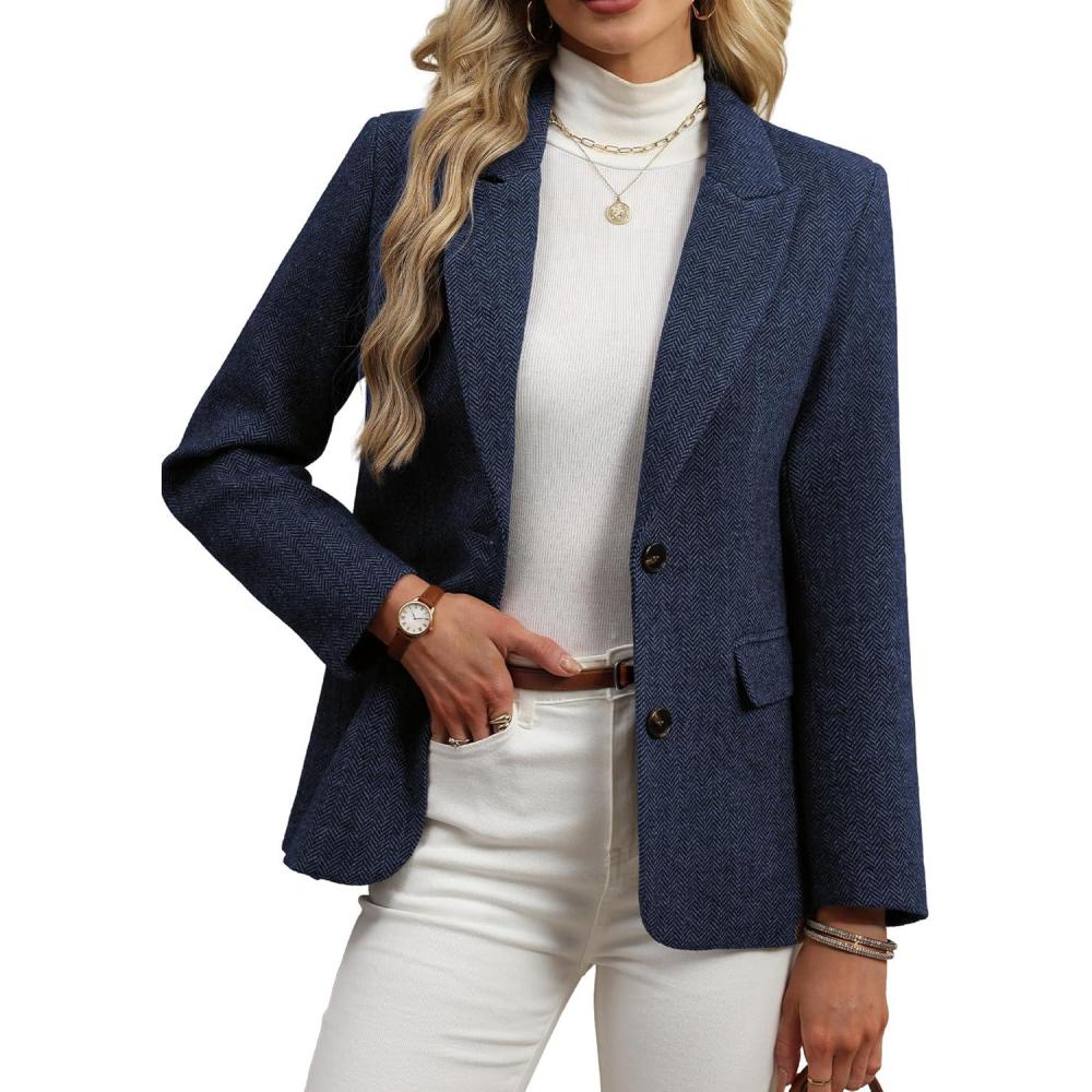 image:imageELLEVEN Womens Wool Blend Tweed Warm Blazers Herringbone Business Casual Fall Winter Oversize Suit JacketNavy Blue