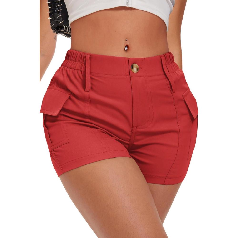 image:imageELLEVEN Womens Y2K Mini Cargo Shorts with Pockets  Stylish Sexy Summer StreetwearRed