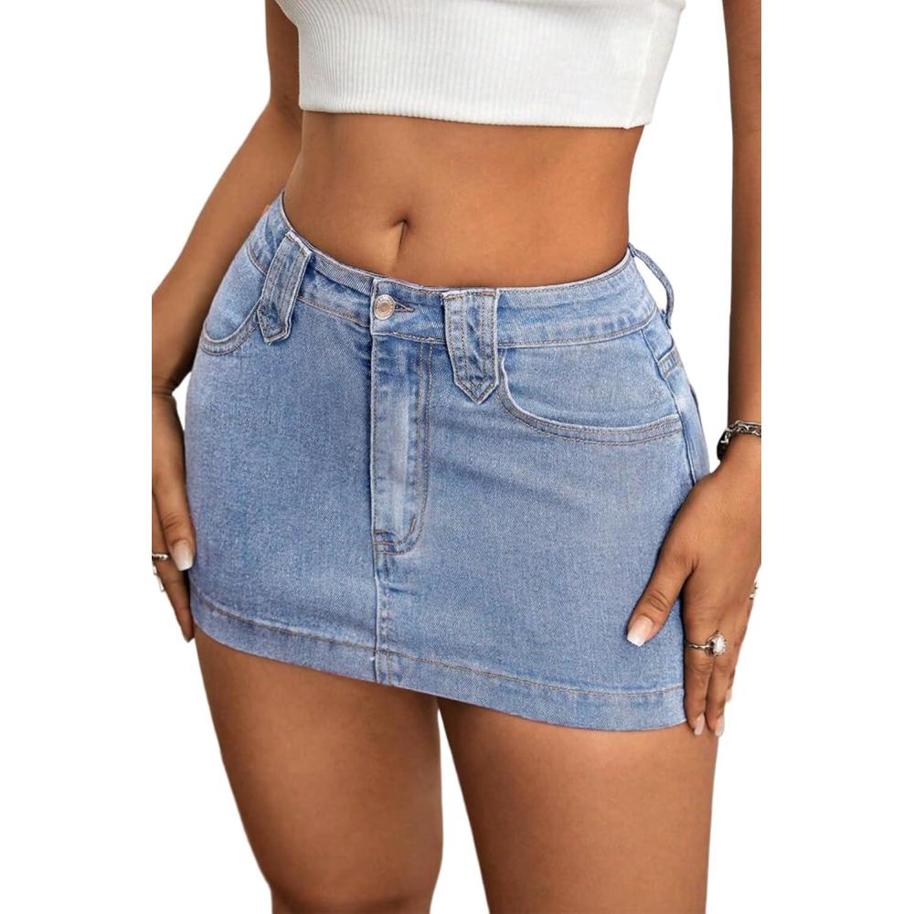 image:imageELLEVEN Womens Y2k Stretchy Denim Mini Skirt Low Rise Casual Sexy Bodycon Jean Skirt with PocketsBlue Denim