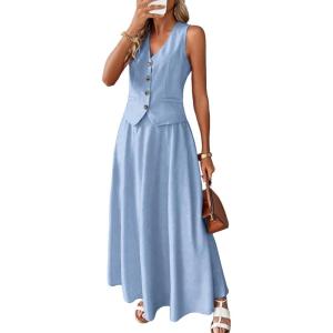 ELLEVEN 2 Piece Linen Sets for Women Summer Outfit,V-Neck Vest Top & Flowy Maxi Skirt(Airy Blue)