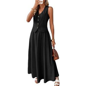 ELLEVEN 2 Piece Linen Sets for Women Summer Outfit,V-Neck Vest Top & Flowy Maxi Skirt(Black)
