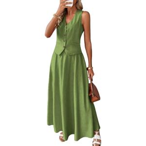 ELLEVEN 2 Piece Linen Sets for Women Summer Outfit,V-Neck Vest Top & Flowy Maxi Skirt(Grass Green)
