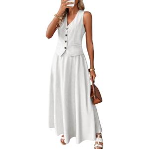 ELLEVEN 2 Piece Linen Sets for Women Summer Outfit,V-Neck Vest Top & Flowy Maxi Skirt(White)