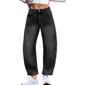 ELLEVEN Barrel Jeans for Women Stretchy Denim Pants Boyfriend Baggy Mid Rise Sweatpant Jeans(Black)