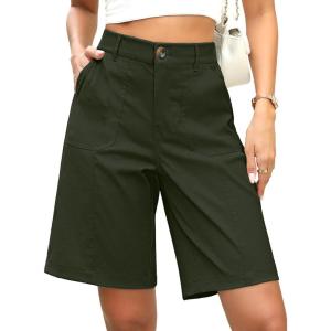 ELLEVEN Bermuda Shorts for Women Elastic Waist Dressy High-Waisted Knee-Length Summer Casual Shorts with Pockets(Army Green)