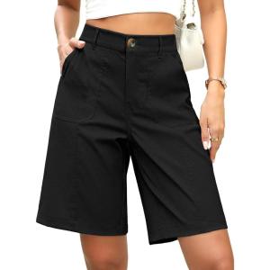 ELLEVEN Bermuda Shorts for Women Elastic Waist Dressy High-Waisted Knee-Length Summer Casual Shorts with Pockets(Black)