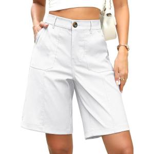 ELLEVEN Bermuda Shorts for Women Elastic Waist Dressy High-Waisted Knee-Length Summer Casual Shorts with Pockets(White)