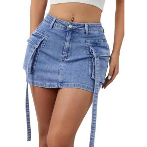 ELLEVEN Cargo Jean Mini Skorts Skirt with Shorts Umderneath,High Stretchy Y2K Denim Skirt with Flap Pockets(Blue Denim)