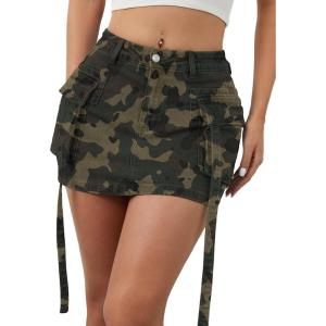 ELLEVEN Cargo Jean Mini Skorts Skirt with Shorts Umderneath,High Stretchy Y2K Denim Skirt with Flap Pockets(Camo)