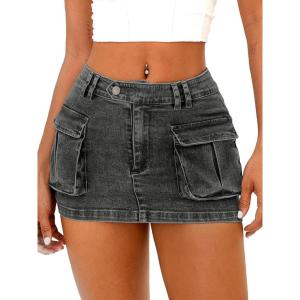 ELLEVEN Cargo Mini Skirt for Women Low Waist Y2K Bodycon Low Rise Denim Women’s Skirts High Stretchy Button Cute Skort Mini Jean Skorts with Pockets Black Denim Medium