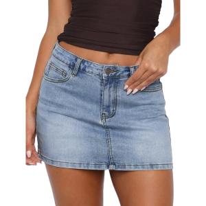 ELLEVEN Denim Mini Skirt for Women,High Stretch Low Rise Sexy Bodycon Jean Skirt with Pockets Casual Summer(Denim Blue)