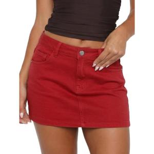 ELLEVEN Denim Mini Skirt for Women,High Stretch Low Rise Sexy Bodycon Jean Skirt with Pockets Casual Summer(Red)
