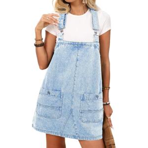 ELLEVEN Denim Overalls Dress for Women Summer, Adjustable Straps Sleeveless Jean Dresses Loose Denim Romper with Pockets(Light Blue Denim)