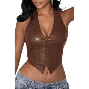 ELLEVEN Halter Corset Crop Tops for Women, Sexy Leather Deep V Neck Backless Asymmetrical Cami for Going Out Party(Brown)