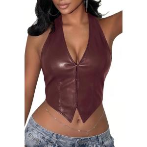 ELLEVEN Halter Corset Crop Tops for Women, Sexy Leather Deep V Neck Backless Asymmetrical Cami for Going Out Party(Burgundy)