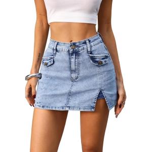 ELLEVEN High Stretch Denim Skort, Side Slit Mini Jean Skirt with Shorts Underneath(A-blue Denim)