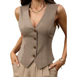 ELLEVEN High Stretchy Vest Tops for Women, Knit V-Neck Sleeveless Button Down Vest Business Casual Outfits(Brown Plaid)