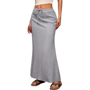 ELLEVEN Linen Flared Maxi Skirt with Back Slit – Elastic Waist Drawstring Long Flowy Ankle-Length Skirt(Textured Gray)