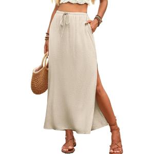 ELLEVEN Linen Straight Maxi Skirt with Side Slit – Elastic Waist Drawstring Long Flowy Ankle-Length Skirt with Pockets(Beige)