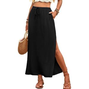 ELLEVEN Linen Straight Maxi Skirt with Side Slit – Elastic Waist Drawstring Long Flowy Ankle-Length Skirt with Pockets(Black)