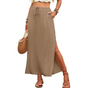 ELLEVEN Linen Straight Maxi Skirt with Side Slit – Elastic Waist Drawstring Long Flowy Ankle-Length Skirt with Pockets(Khaki)