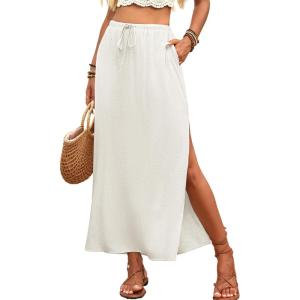 ELLEVEN Linen Straight Maxi Skirt with Side Slit – Elastic Waist Drawstring Long Flowy Ankle-Length Skirt with Pockets(White)