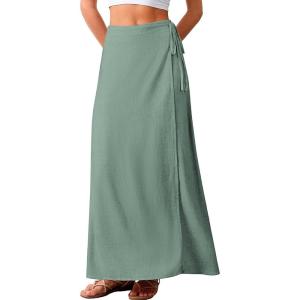 ELLEVEN Linen Wrap Maxi Skirt Elastic Back Waistband Flowy A Line Summer Casual Long Skirt(Green)