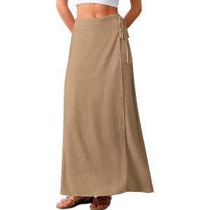 ELLEVEN Linen Wrap Maxi Skirt Elastic Back Waistband Flowy A Line Summer Casual Long Skirt(Khaki)